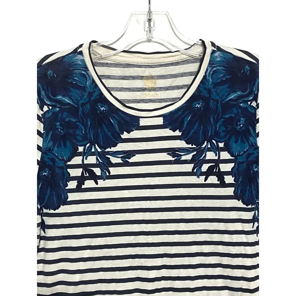 Tory Burch Floral Pima Cotton Short Sleeve Tee TShirt M Striped Coastal Nautical